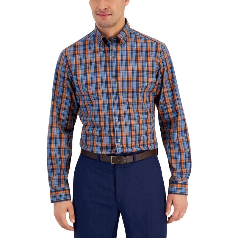 Club Room Men's Slim Fit 4-Way Stretch Plaid Dress Shirt Blue Orange Large