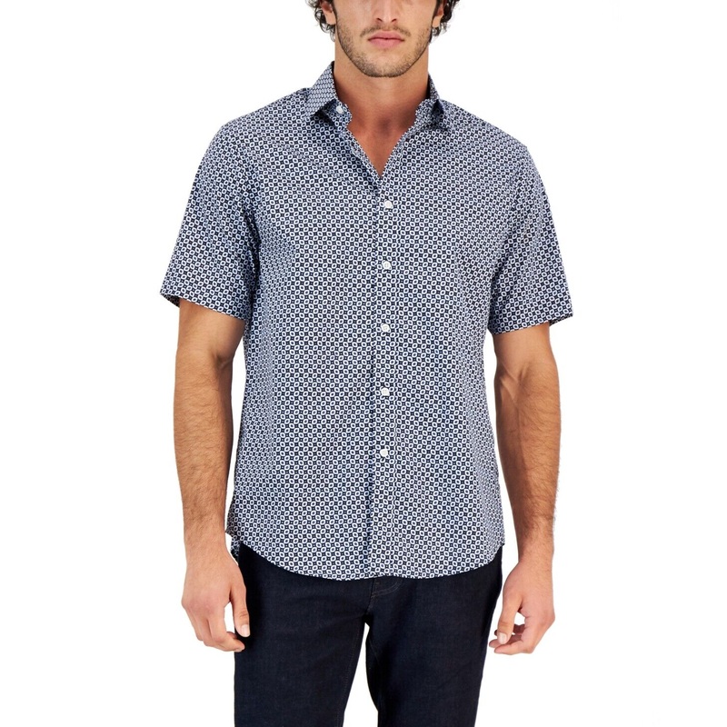 Club Room Mens Geometric Woven Short-Sleeve Navy Blue Combo Medium
