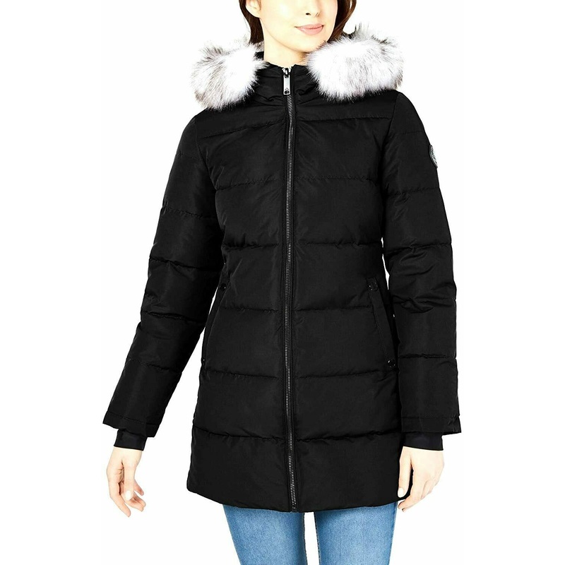 Halifax Womens Hooded Faux-Fur-Trim Puffer Coat XXL Black