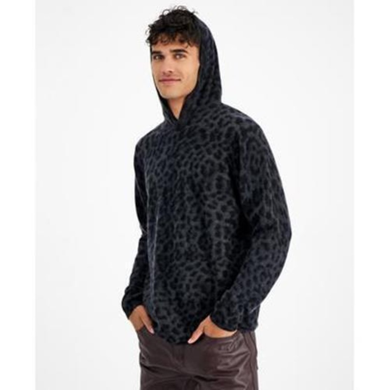 INC International Concepts Mens Cashmere Cheetah Hoodie Sweater Large Black