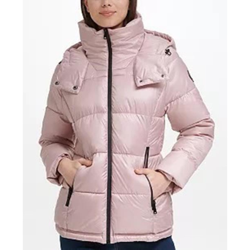 Kenneth Cole Women's Shine Hooded Puffer Coat Large Pink