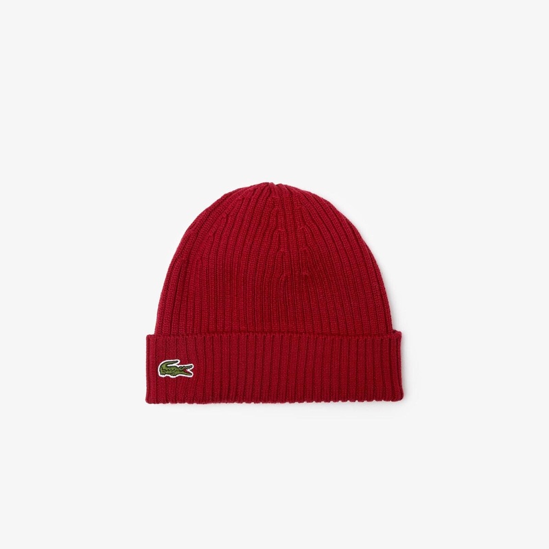 Lacoste Mens Ribbed-Knit Wool Beanie Bordeaux Red OS