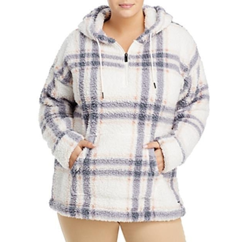 Marc New York Womens Plus Printed Teddy Fleece 1/4 Zip Hoodie Jacket Plaid 3X