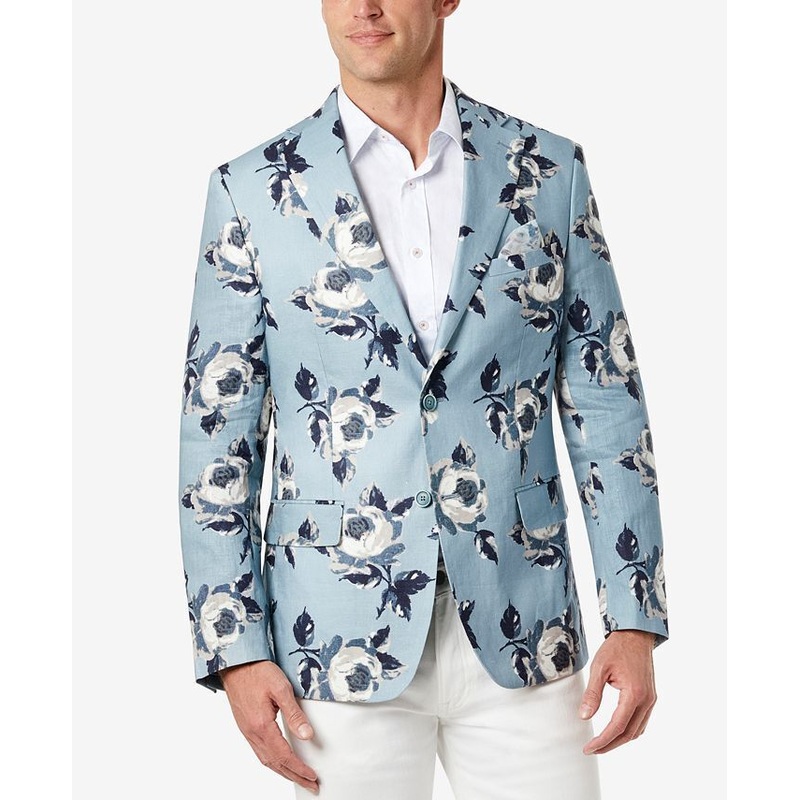 TALLIA Men's Slim-Fit Blue Floral Blazer 48R Blue Linen Sport Coat