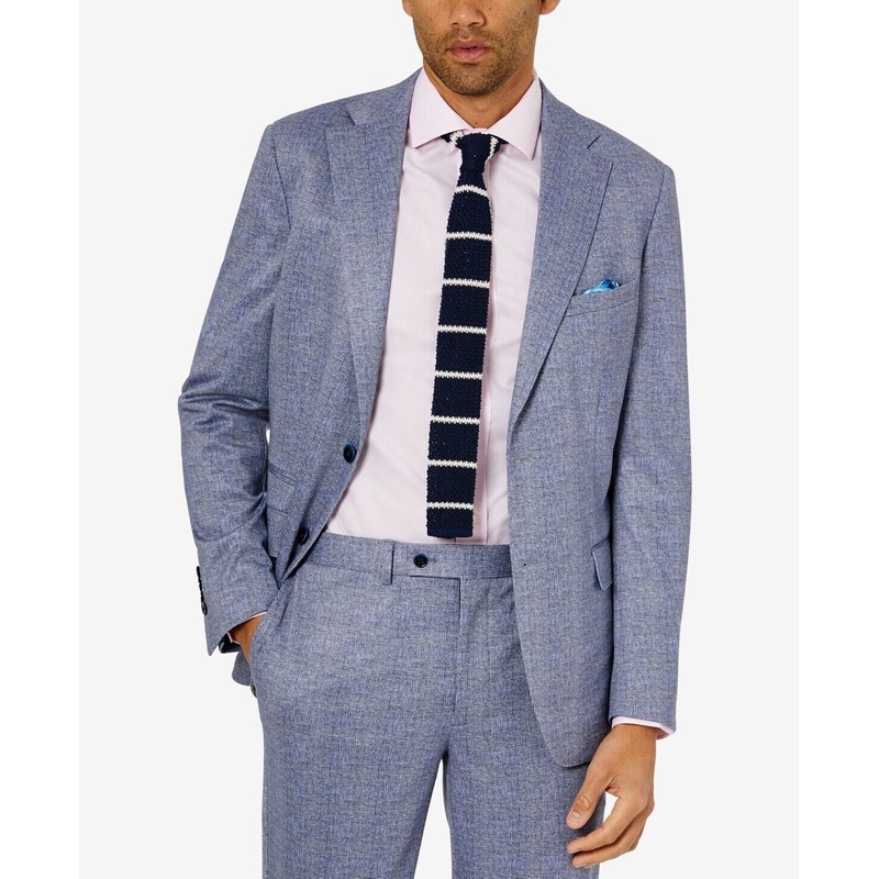TALLIA Men's Slim-Fit Chambray Light Blue Plaid Suit Jacket 38S