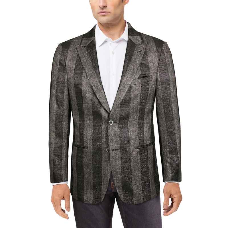 Tallia Men's Slim-Fit Gray Black Metallic Plaid Sport Coat 44L