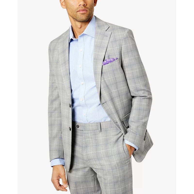 TALLIA Men's Suit Jacket Light Grey / Blue Plaid 40R Slim-Fit Wool