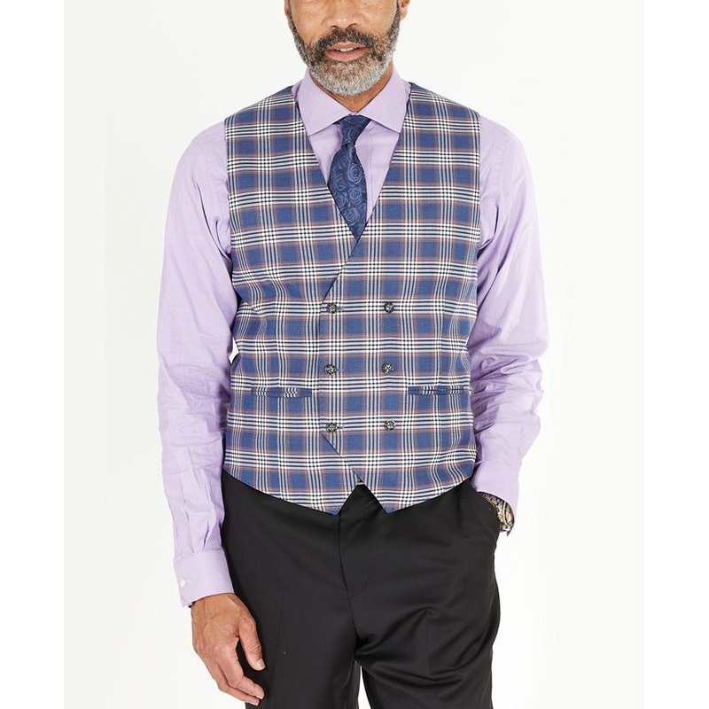 Tayion Collection Classic-Fit Blue & Pink Plaid Double-Breasted Suit Vest Large