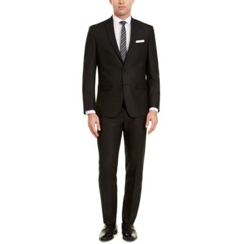Van Heusen Mens Slim fit 2 Piece Suit 46 L  / 39 Waist Black Herringbone Stretch