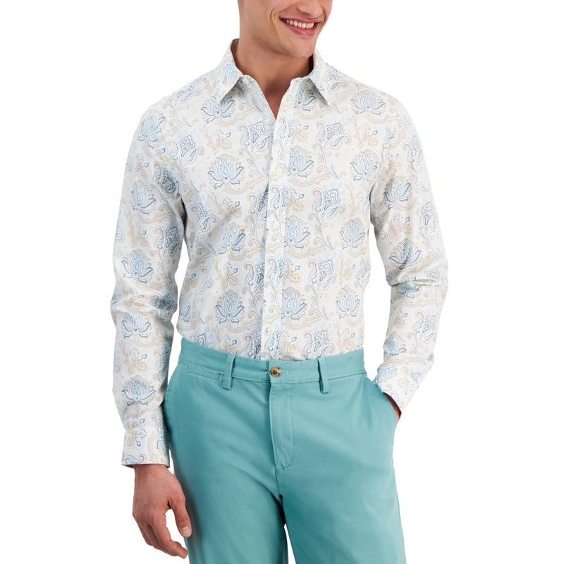 Club Room Menss Regular fit Long Sleeve Shirt Medium White Paisley