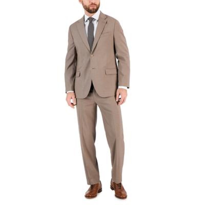 Nautica Mens Slim fit 2 Piece Suit 38 R / 32 Waist Beige Solid Stretch