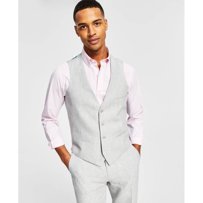 Bar III Men's Slim Fit Textured Linen Grey Suit Vest Small