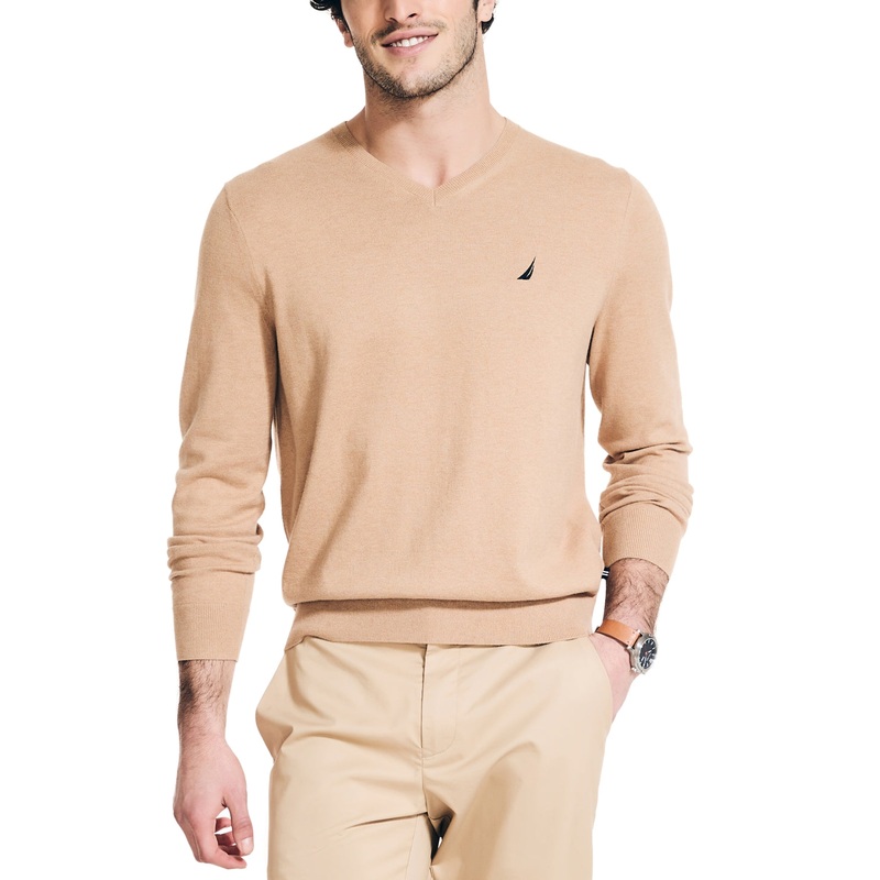 Nautica Mens Regular fit Long Sleeve V Neck Sweater XXL V-Neck Beige Solid