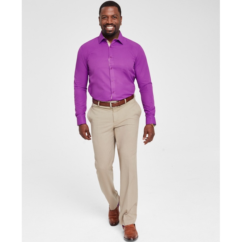 Tayion Collection Mens Slim fit Long Sleeve Button-Up Shirt Large Purple Solid