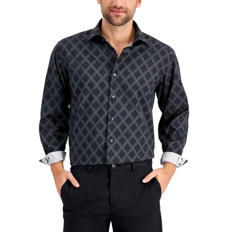 Alfani Men's Regular Fit Recycled Stretch Dress Shirt Black White 14-14.5/32-33