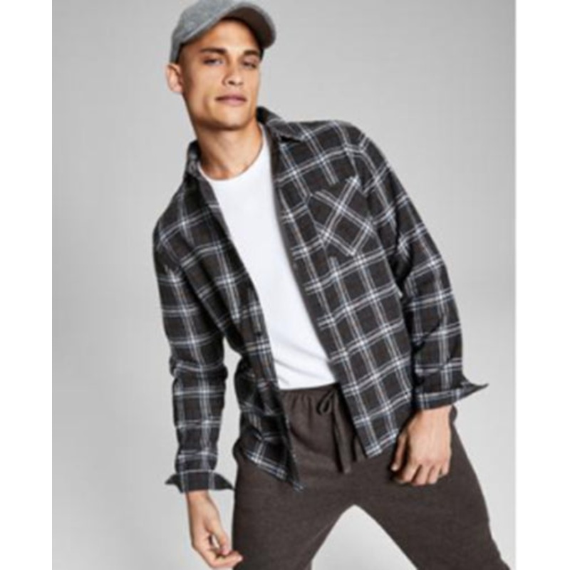 And Now This Mens Regular Fit Plaid Brushed Flannel Button Down Shirt Grey Small