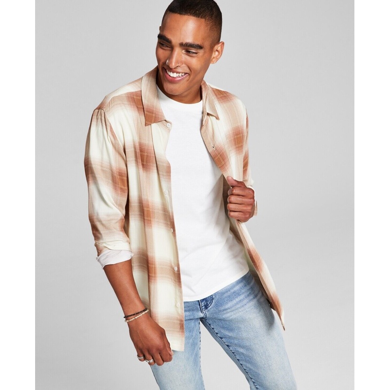 And Now This Mens Regular-Fit Plaid Button Down Shirt Tan Large