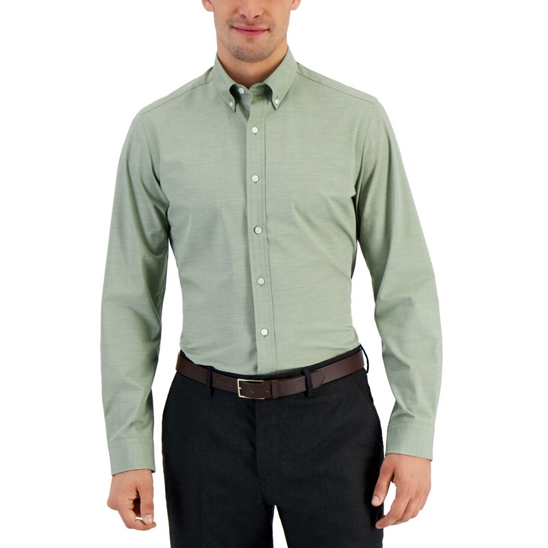 Club Room Men's Slim Fit 4-Way Stretch Solid Dress Shirt Olive Green Medium