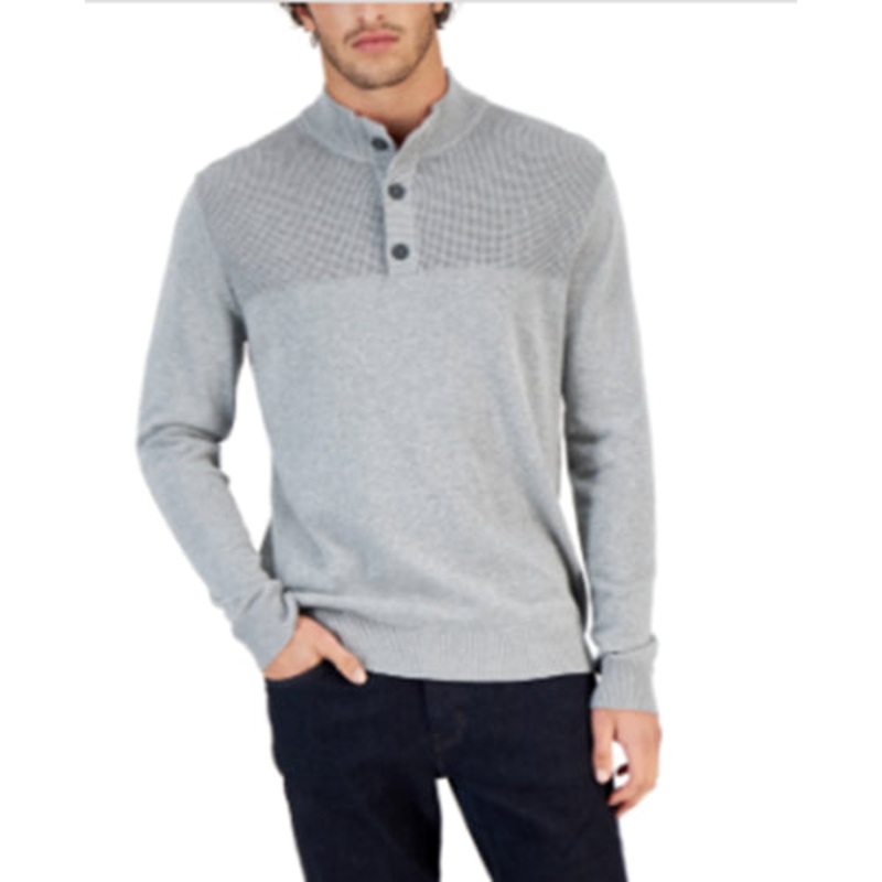 Club Room Men's Waffle Button Mock Neck Sweater Soft Gray Medium