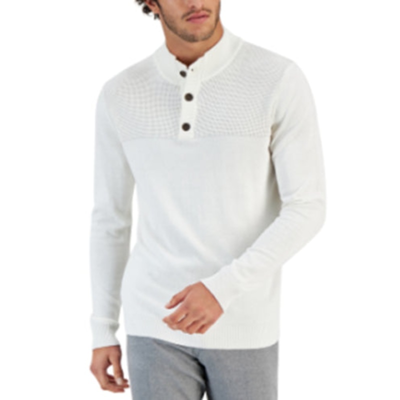 Club Room Men's Waffle Button Mock Neck Sweater Winter Ivory Medium