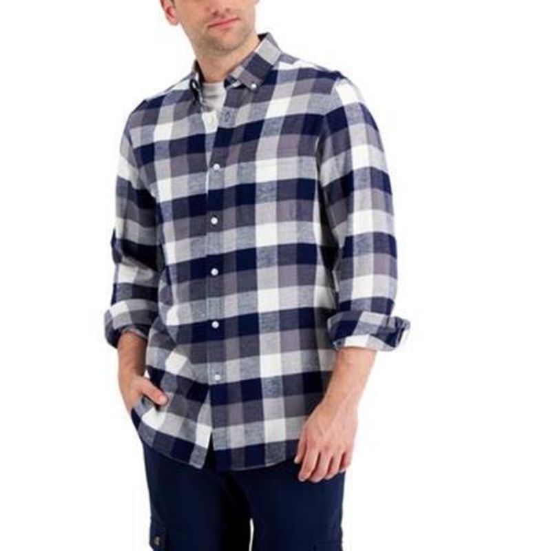 Club Room Mens Buffalo Plaid Button Down Shirt Navy Blue Combo Large