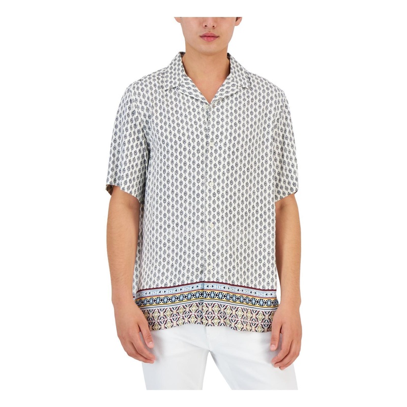 Club Room Mens Carlo Geometric-Print Button Down Shirt Bright White 3XL