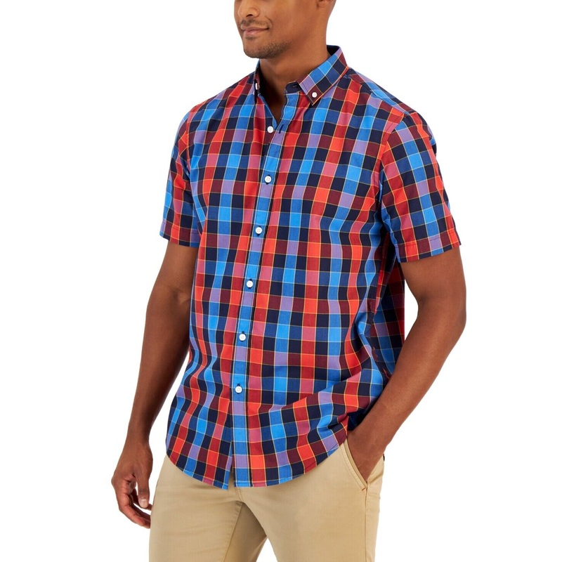 Club Room Mens Short-Sleeve Plaid Button Down Shirt Navy Blue Plaid Medium