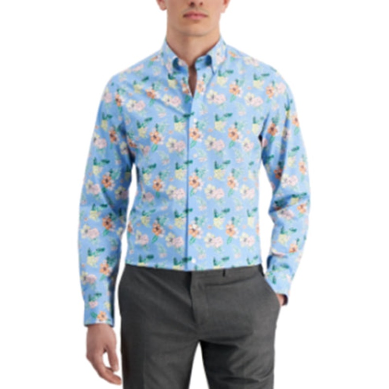 Club Room Mens Tropical Floral Dress Shirt Light Blue Orange Small
