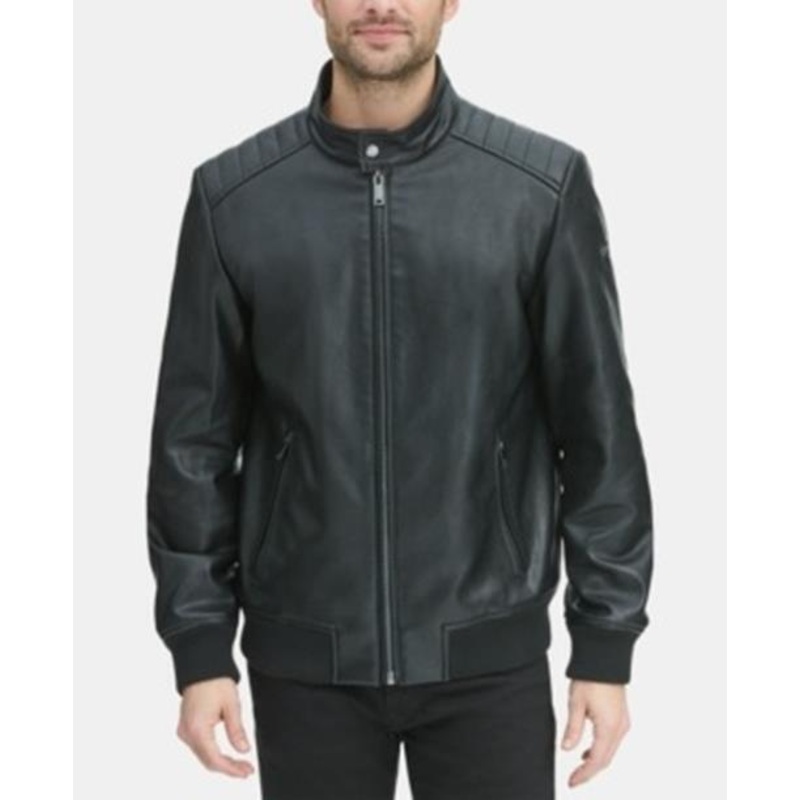 DKNY Mens Motorcycle Faux Leather Quilted Lined Jacket XL Black