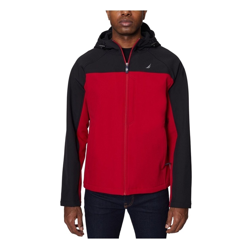 NAUTICA Men's Zip-Front Color Block Soft Shell Hoodie Jacket Small Black Red