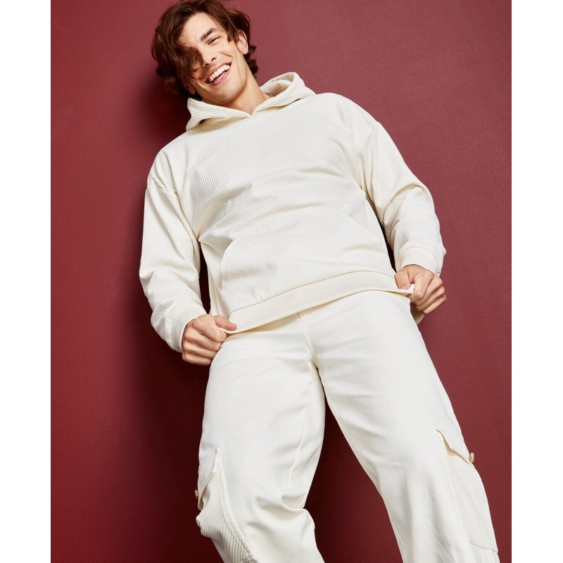 Royalty by Maluma Mens Relaxed-Fit Mixed-Media Hoodie Ivory Large