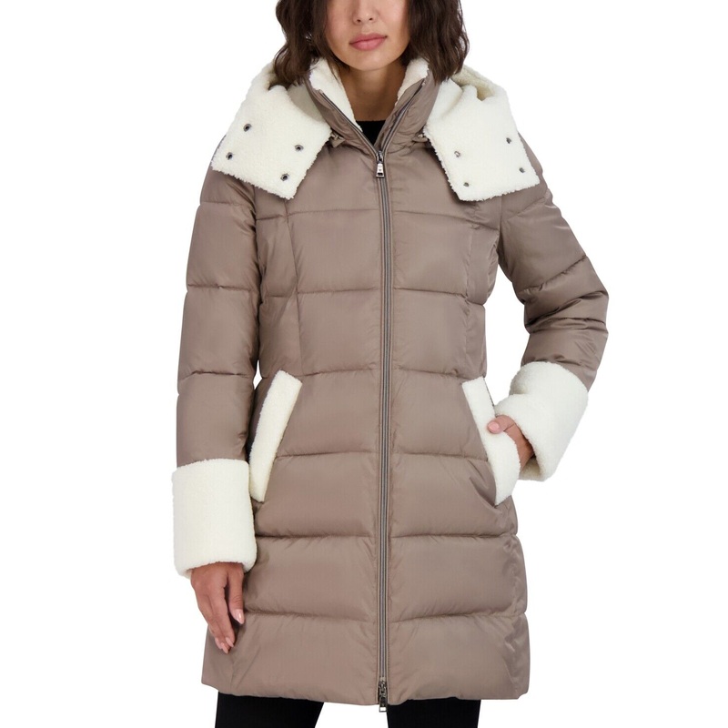 Tahari Women's Fleece-Trim Hooded Puffer Coat Golden Beige Small