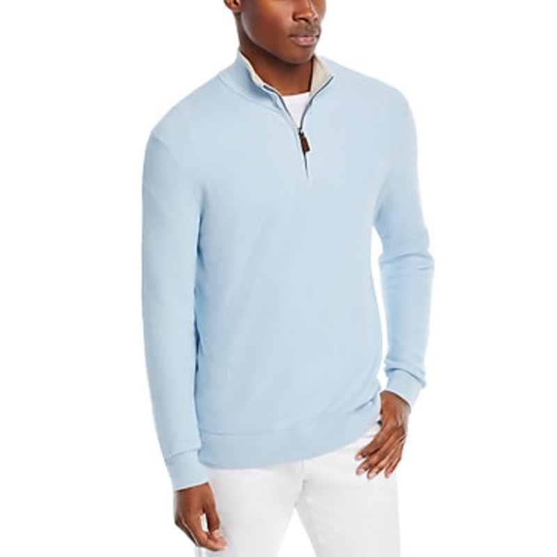 The Men's Store Cotton Tipped Textured Birdseye Half Zip Sweater Medium Blue