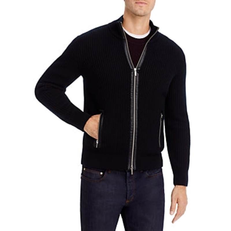 The Men's Store Double Zip Front Cardigan Merino Wool Sweater Large Black