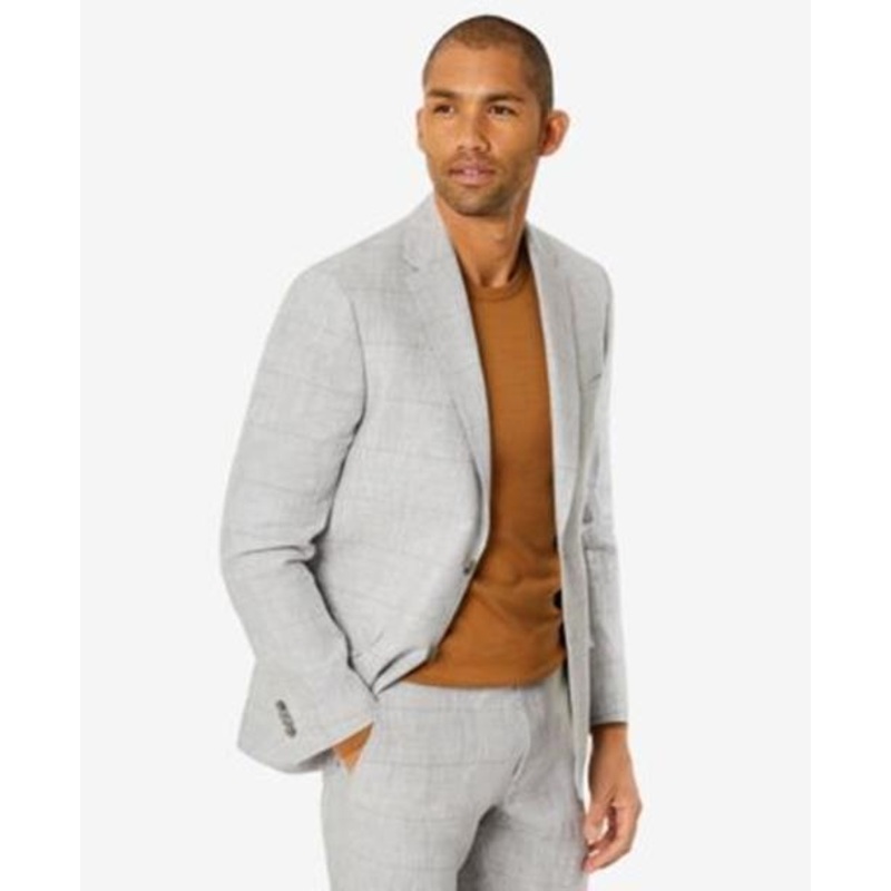 Tommy Hilfiger Men Modern Fit Flex Stretch Plaid Linen Suit Jacket Grey Tan 44R