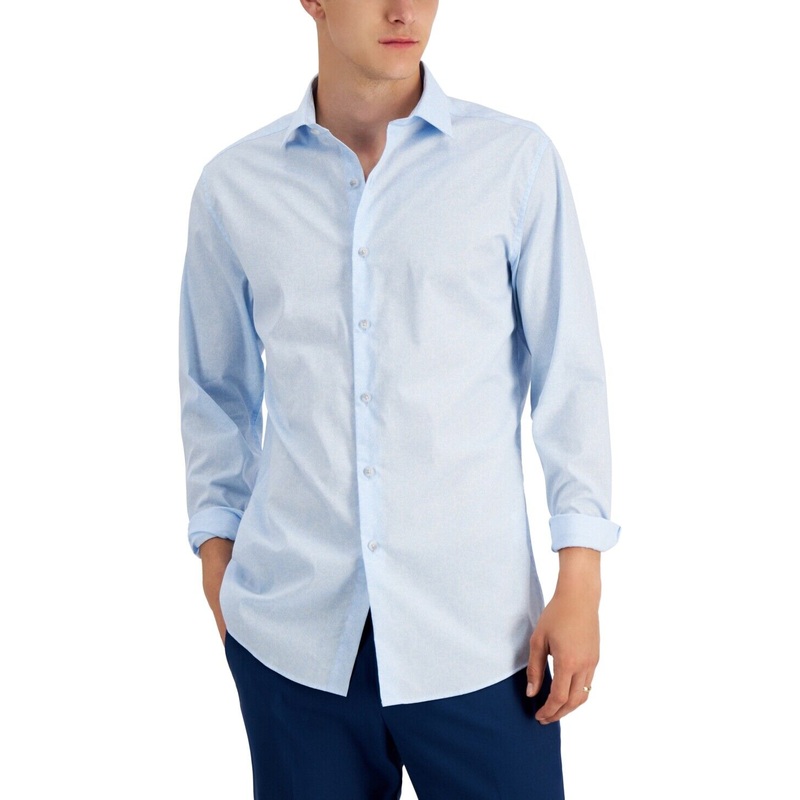 Bar III Organic Cotton Tonal Coral-Print Slim Fit Dress Shirt Light Blue Small