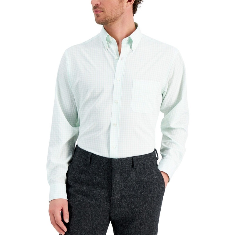 Club Room Mens Gingham Regular Fit Button-Down Shirt Mint 17.5/ 36-37