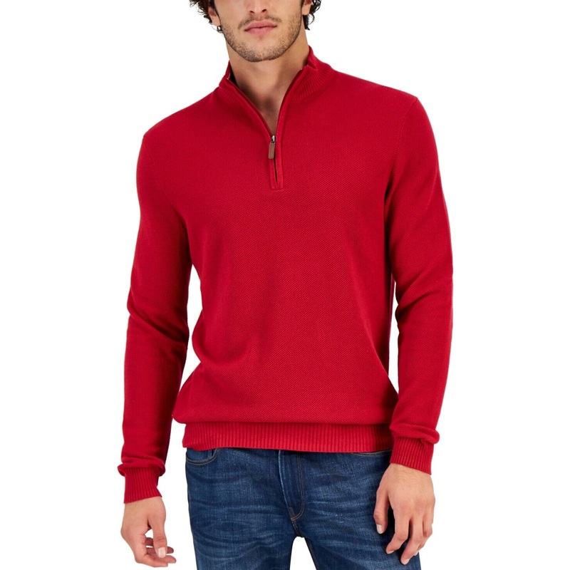 Club Room Mens Quarter Zip Cotton Sweater Anthem Red Small