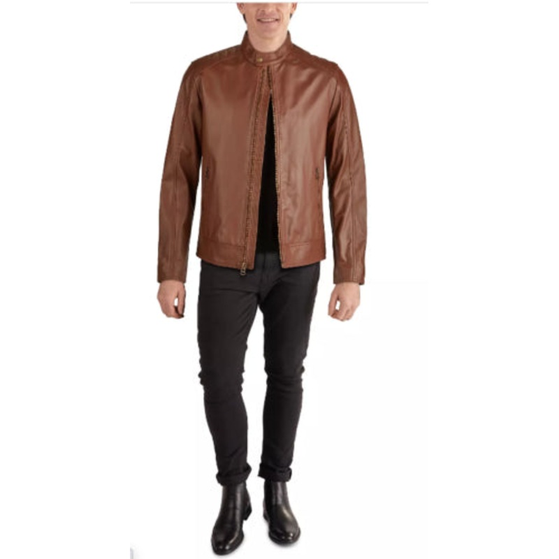 COLE HAAN Men's Jacket Cognac Brown XL Leather Motorcycle