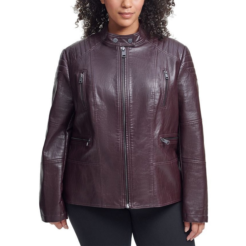 Kenneth Cole Plus Size Faux-Leather Coat 3X Rum Raisin Burgundy Womens