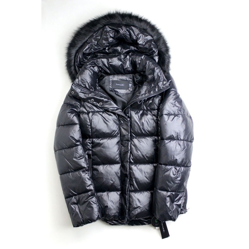 Tahari Women's Faux-Fur-Trim Hooded Puffer Coat Small Black