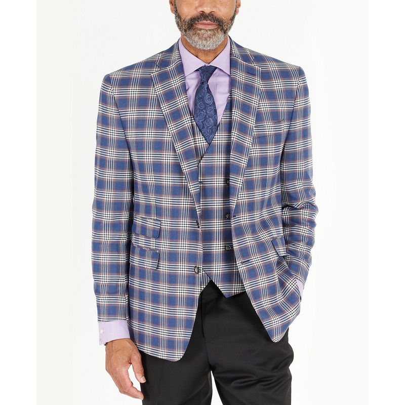 Tayion Collection Men's Classic-Fit Sport Coat Blazer 44R Blue & Pink Plaid