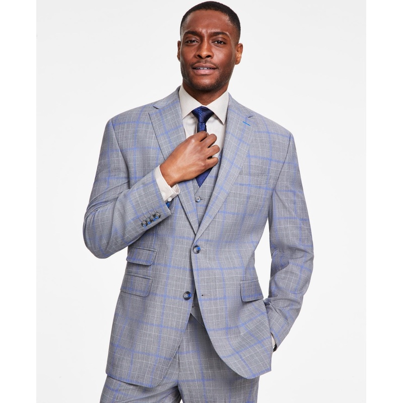 Tayion Collection Mens Classic fit Suit Jacket Blazer 40 R Grey Blue Plaid