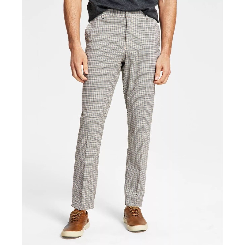 Tommy Hilfiger Modern-Fit Flex Light Brown Check Performance Pants 32 X 34 Flat