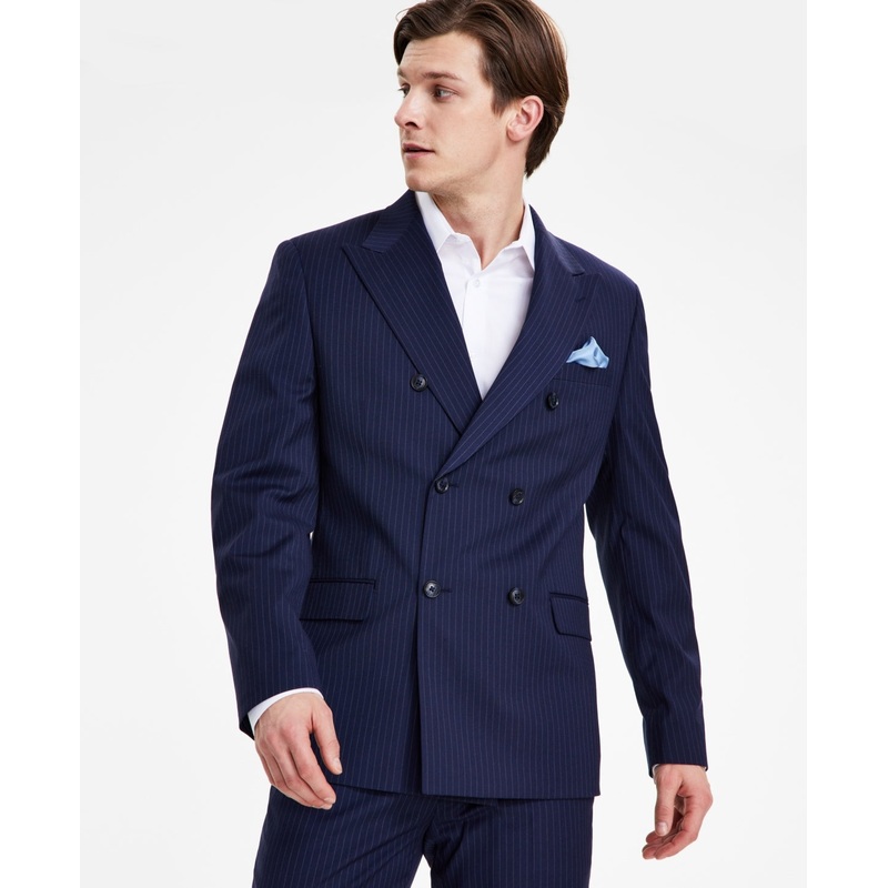 Alfani Mens Slim fit Double Breasted Suit Jacket Blazer 42 L Blue Striped
