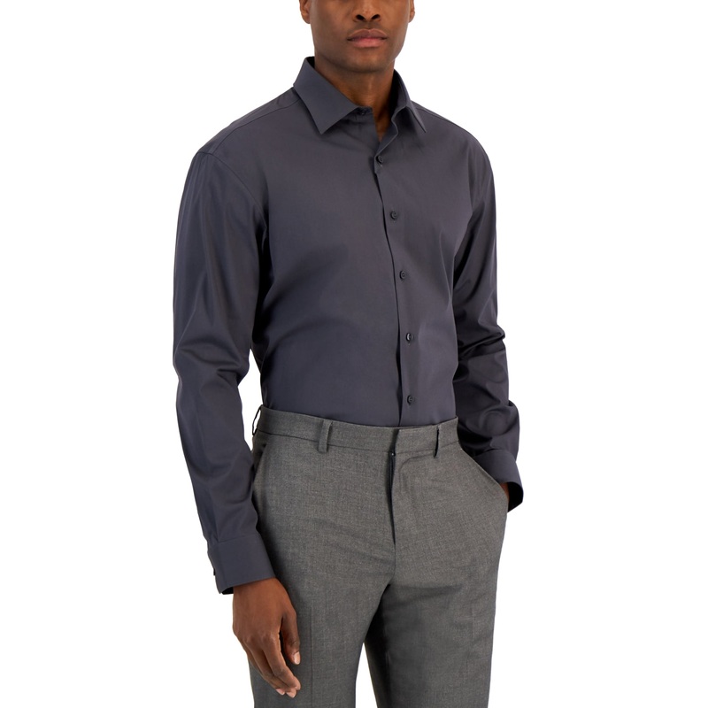Alfani Mens Regular fit Long Sleeve Button-Up Shirt 17 Grey Solid