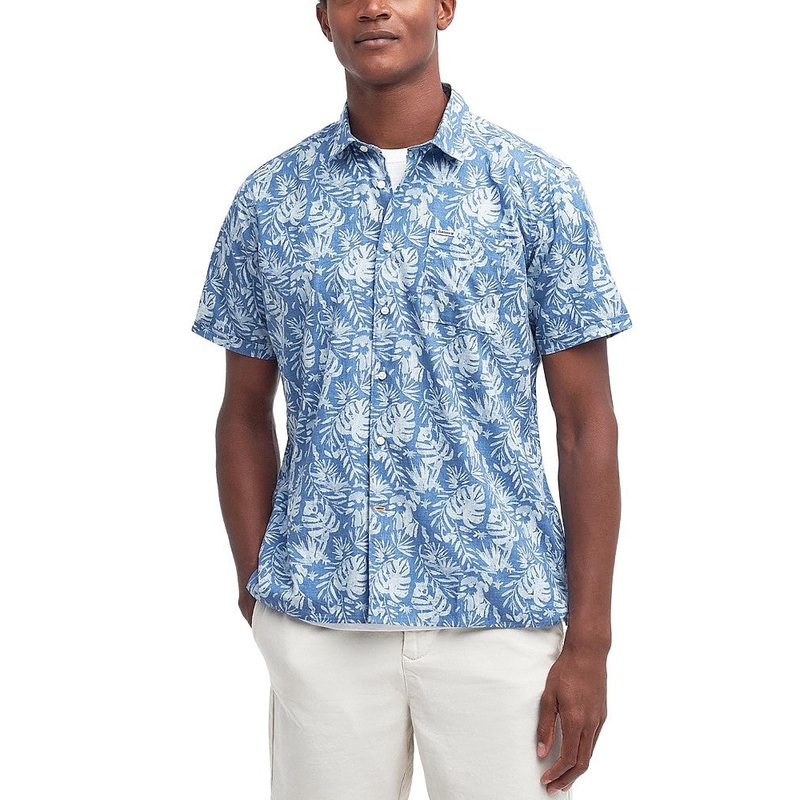 Barbour Mens Regular fit Short Sleeve Button-Up Shirt Large Blue Floral