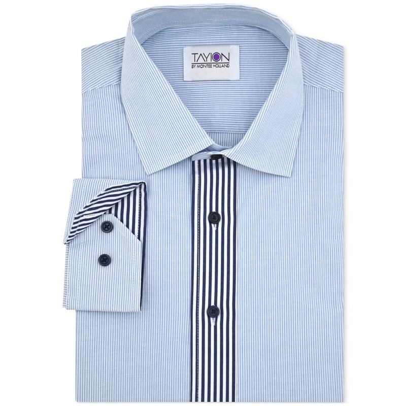 Tayion Collection Mens Slim fit Long Sleeve Button-Up Shirt Medium Blue Striped