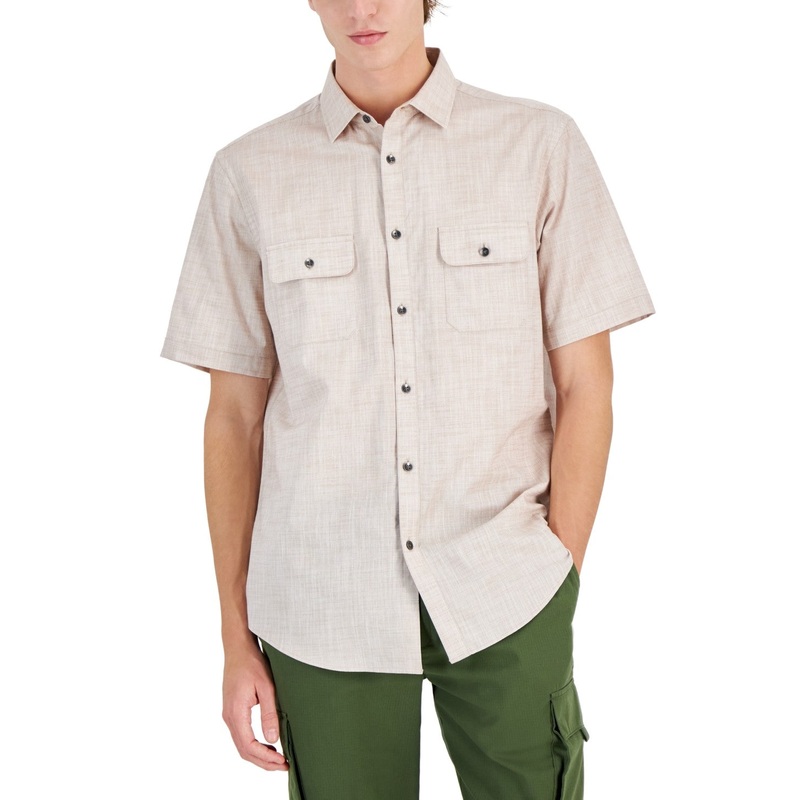 Alfani Mens Classic fit Short Sleeve Button-Up Shirt XL Brown Solid