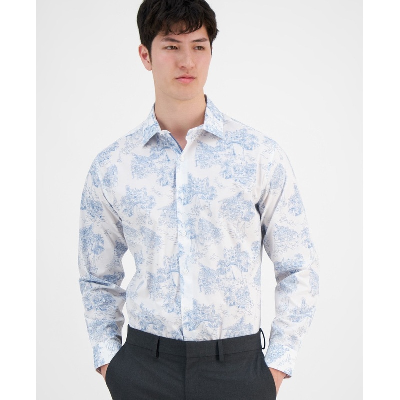 Bar Iii Mens Slim fit Long Sleeve Button-Up Shirt Scenic Print Small White